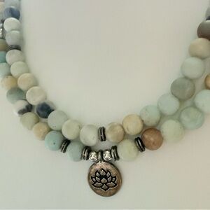 Amazonite Beaded Mala Necklace with Lotus Pendant – Elastic 108 Bead Wrap